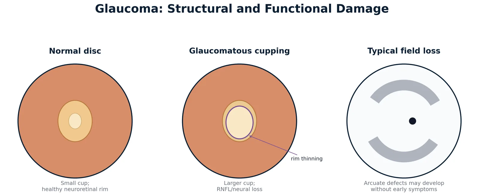 Schematic of a normal optic disc, a glaucomatous disc with enlarged cupping and rim thinning, and a visual field showing a typical arcuate defect