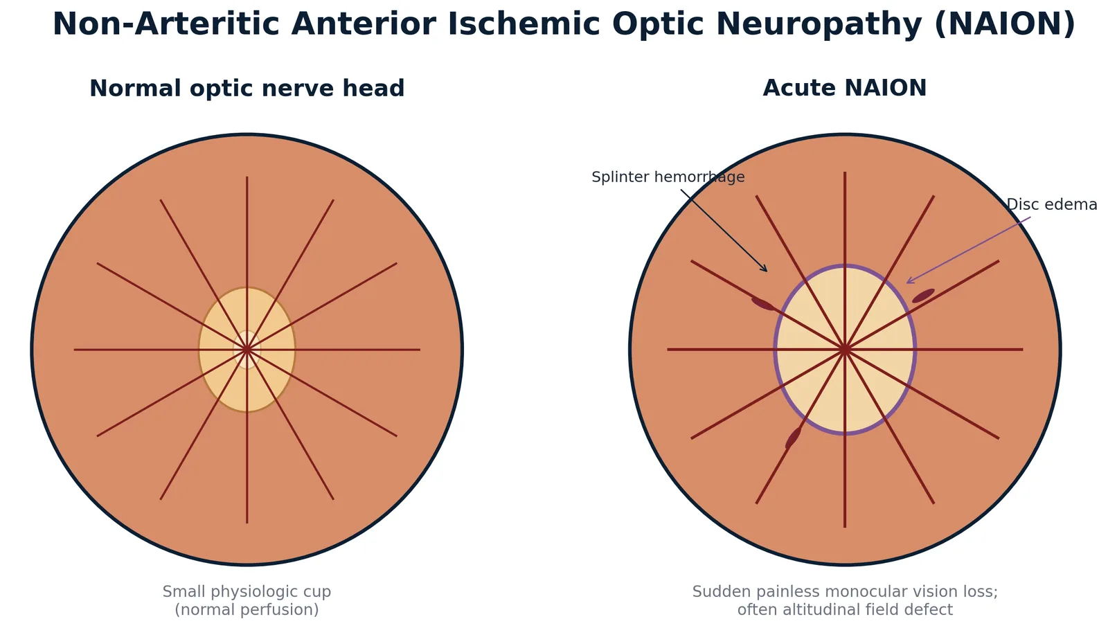 Schematic comparison of a normal optic nerve head with acute NAION, which shows optic-disc edema and splinter hemorrhages