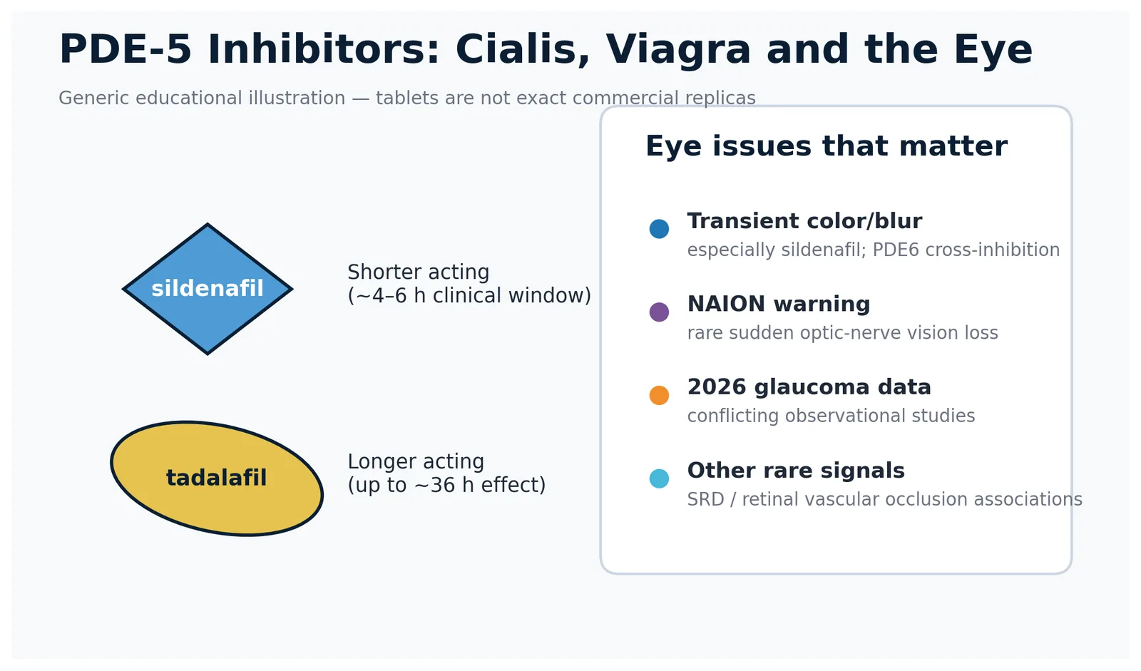 Generic sildenafil and tadalafil tablets beside the four eye issues discussed on this page: transient color or blur effects, the NAION warning, conflicting 2026 glaucoma data, and other rare reported signals