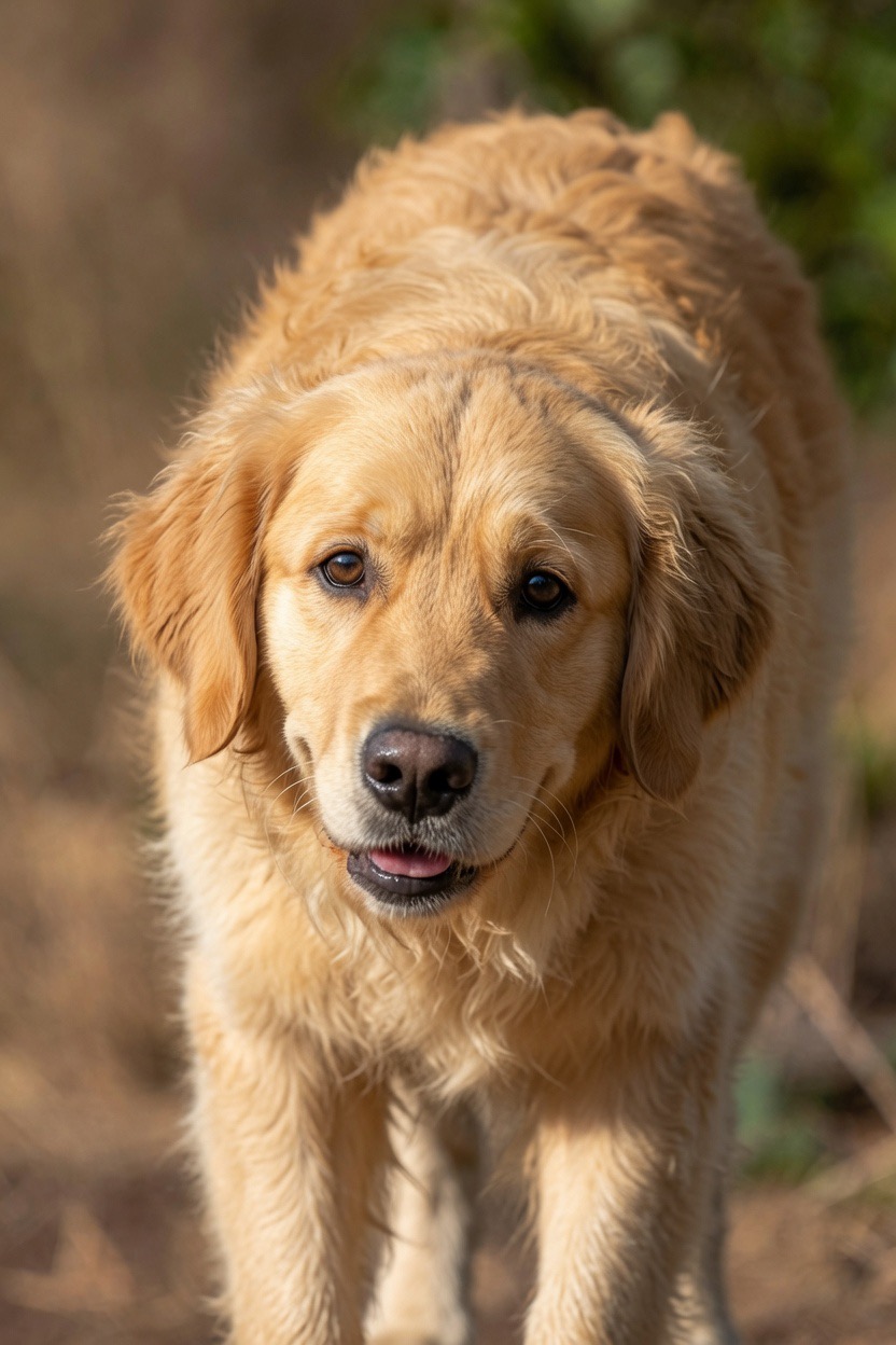 A blurred golden shape that looks like a friendly golden retriever