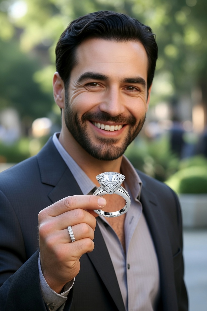 A blurred smiling man holding out what looks like an engagement ring