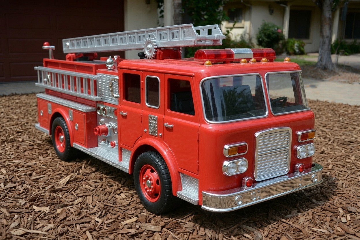 A child’s toy fire truck on the driveway